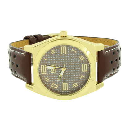 Yellow Gold Finish Brown Band Mens Watch Ice Master