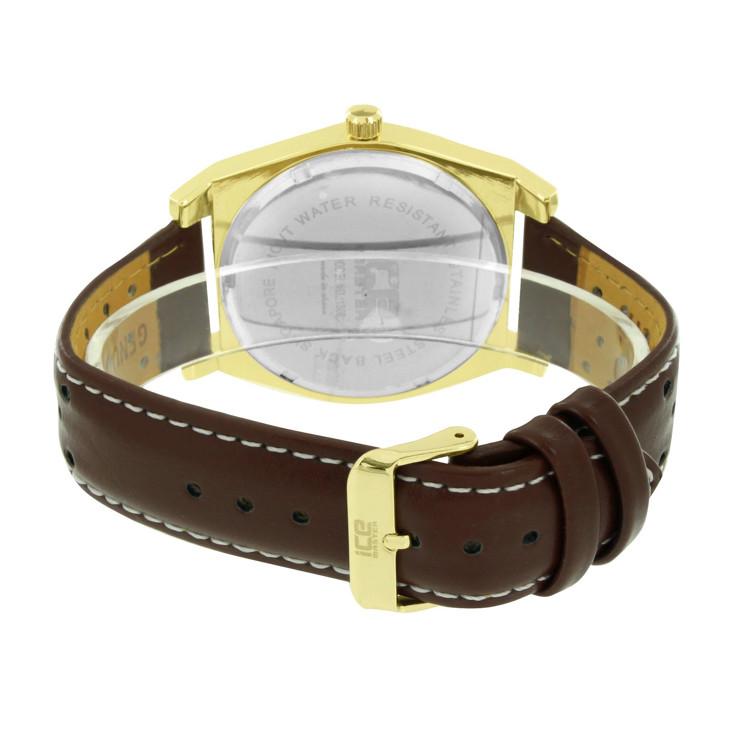 Yellow Gold Finish Brown Band Mens Watch Ice Master