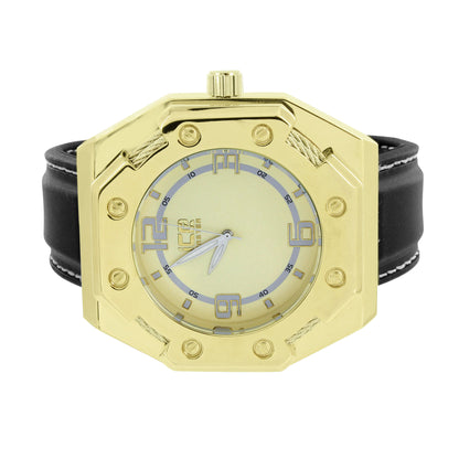 Mens Gold Finish Watch XL Bezel Screw Design Black Leather Strap 55 MM Case New