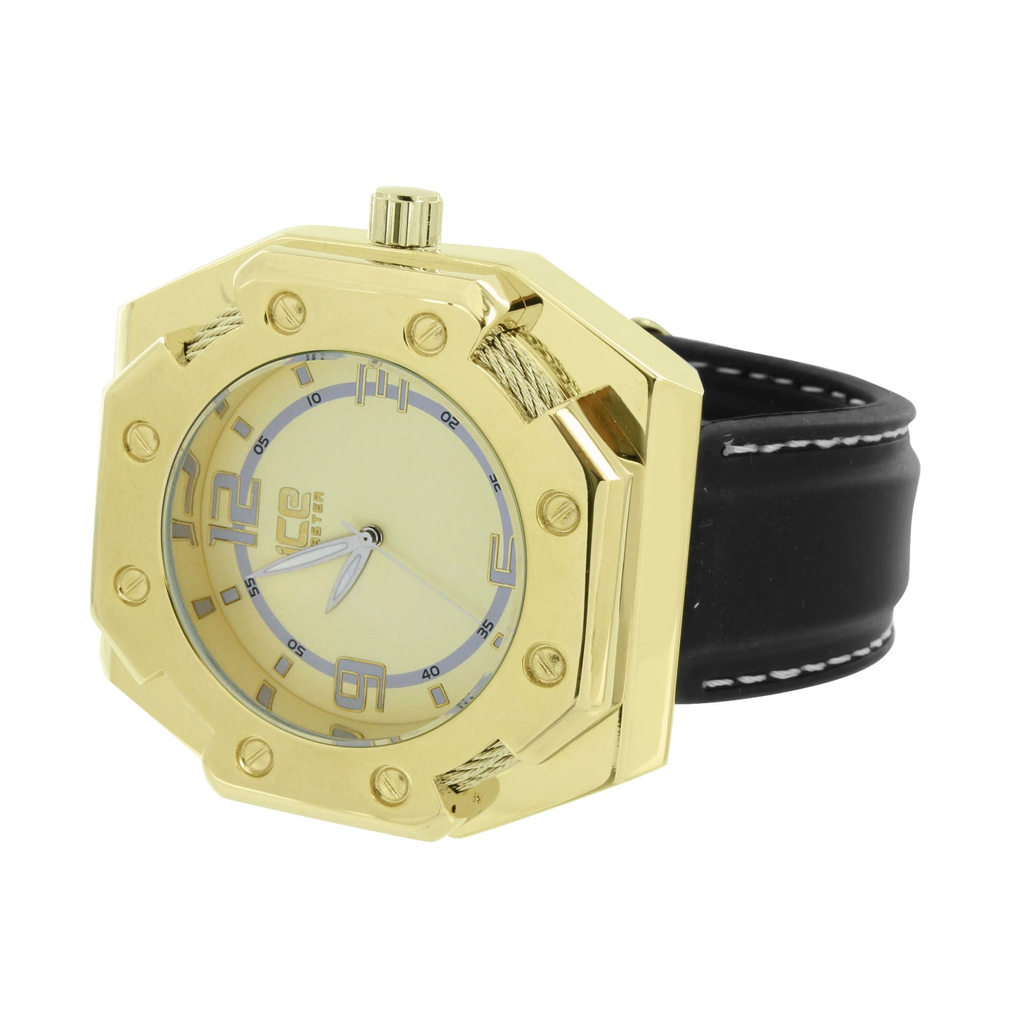 Mens Gold Finish Watch XL Bezel Screw Design Black Leather Strap 55 MM Case New