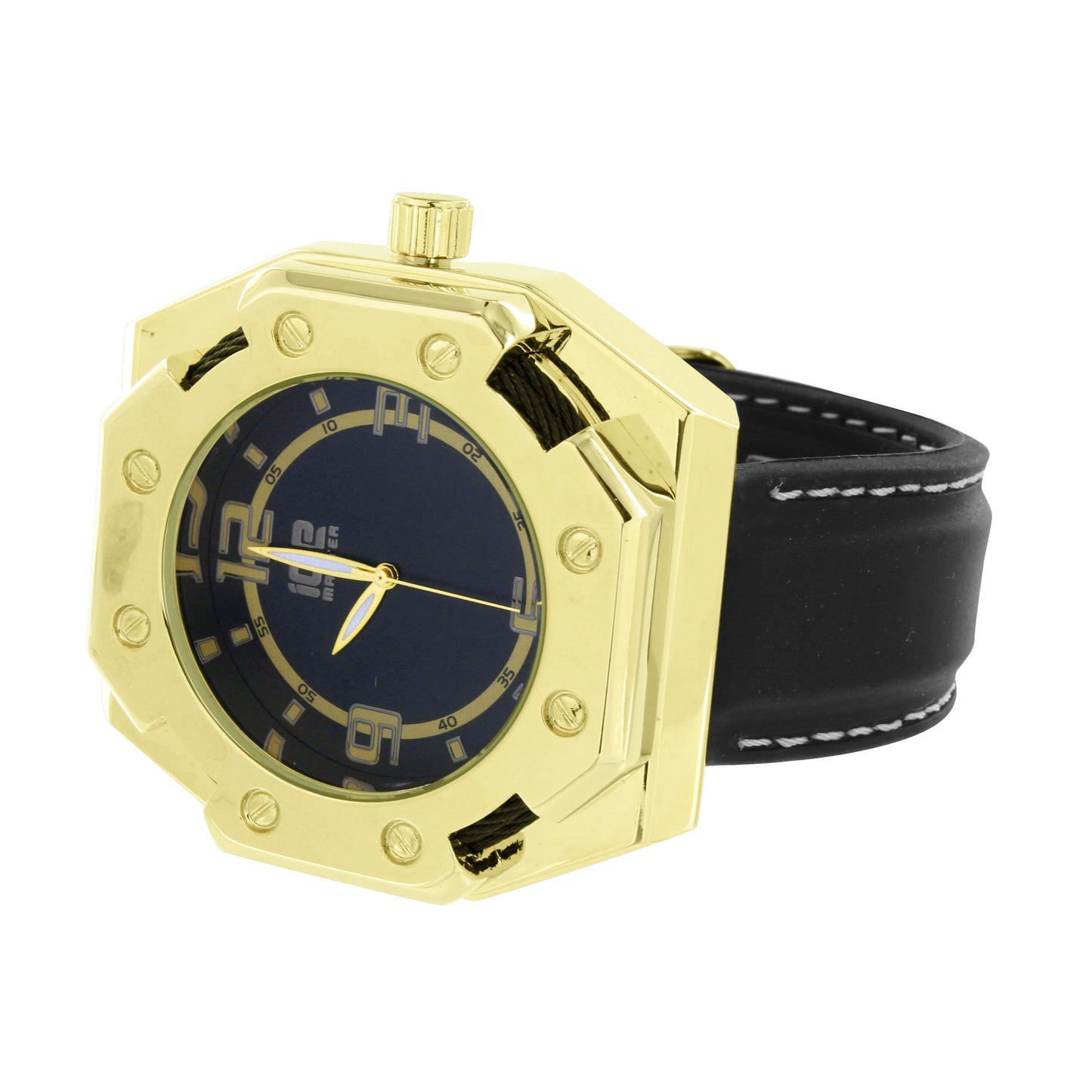 Mens Gold Tone Watch Ice Master Custom Leather Band