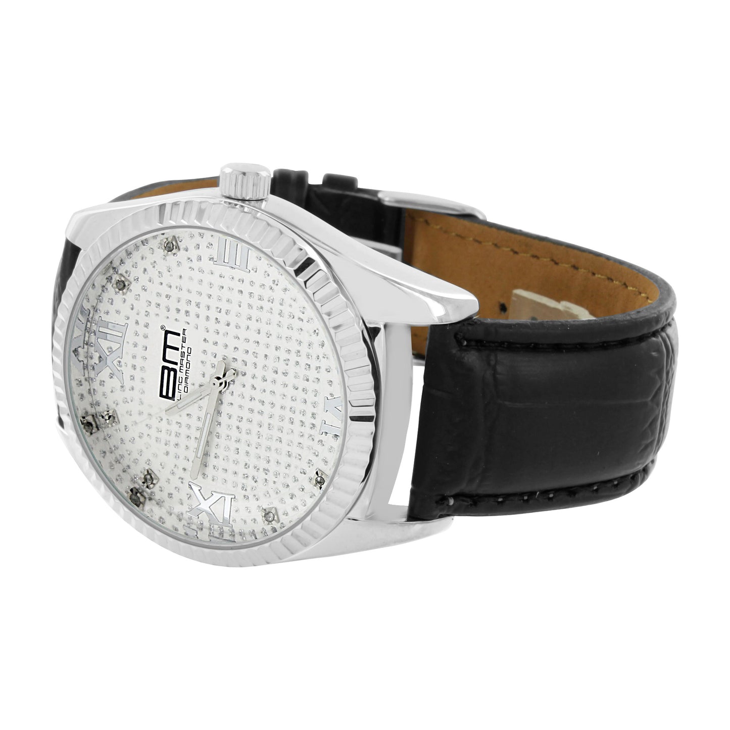 Mens Silver Tone Watch Black Leather Band Steel Back