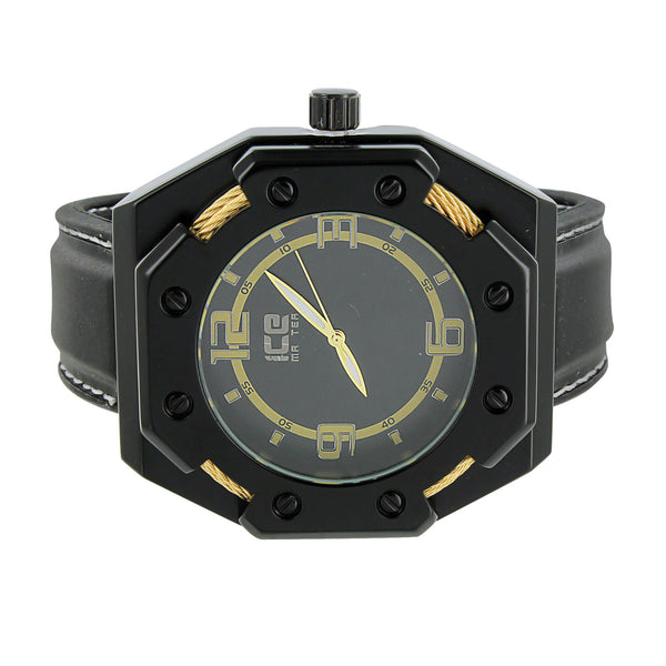 Mens Black Finish Watch Gold Wire Design Analog Custom Designer Leather Strap
