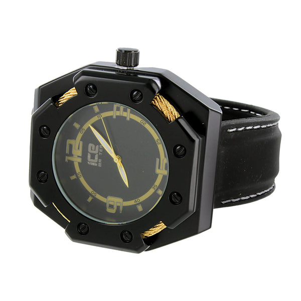 Mens Black Finish Watch Gold Wire Design Analog Custom Designer Leather Strap