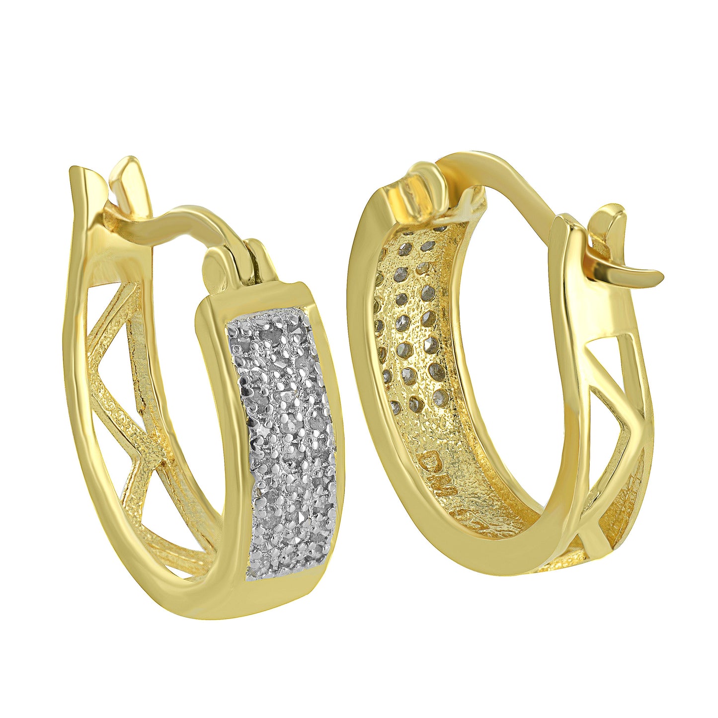 Sterling Silver Hoop Earrings Huggies Real Diamonds Yellow Gold Finish