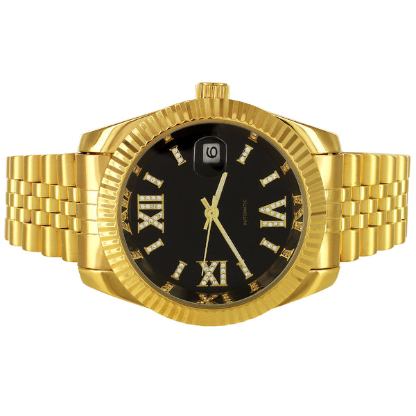 Stainless Steel Icy Roman Dial Date Gold Tone Automatic Watch