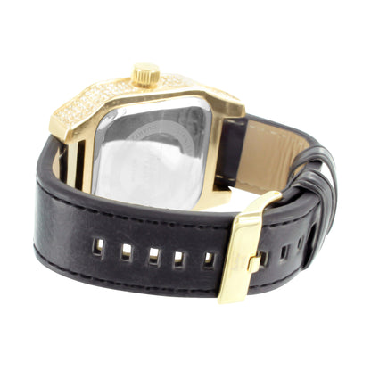 Techno Pave Lab Diamond Gold Finish Leather Band Watch