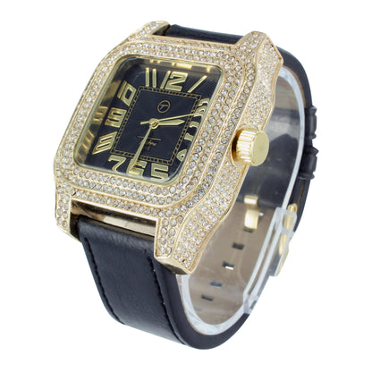 Techno Pave Lab Diamond Gold Finish Leather Band Watch