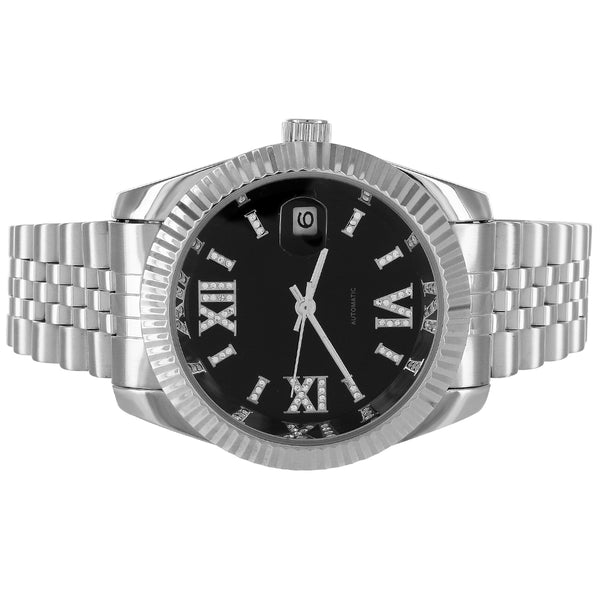 Stainless Steel Black Roman Date Icy Fluted Bezel Automatic Watch