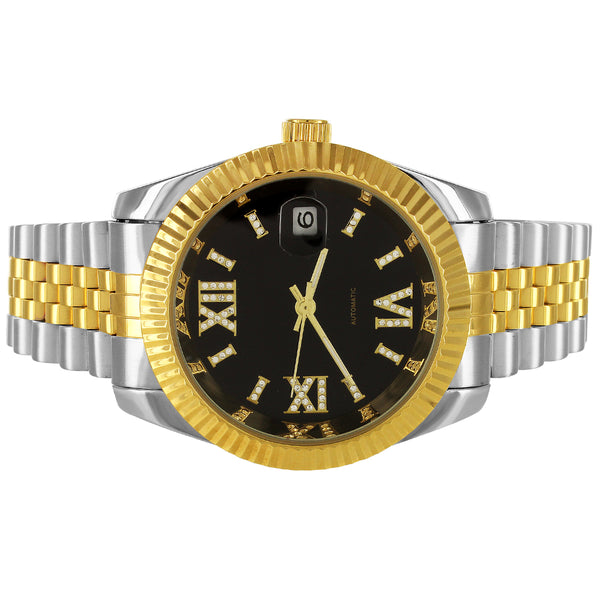 Two Tone Gold Roman Black Dial Fluted Bezel Automatic Watch
