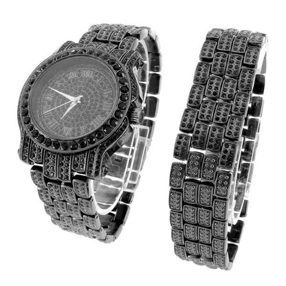 Men's Black Simulated Diamond Watch  Matching Bracelet Gift Set Analog Jojino
