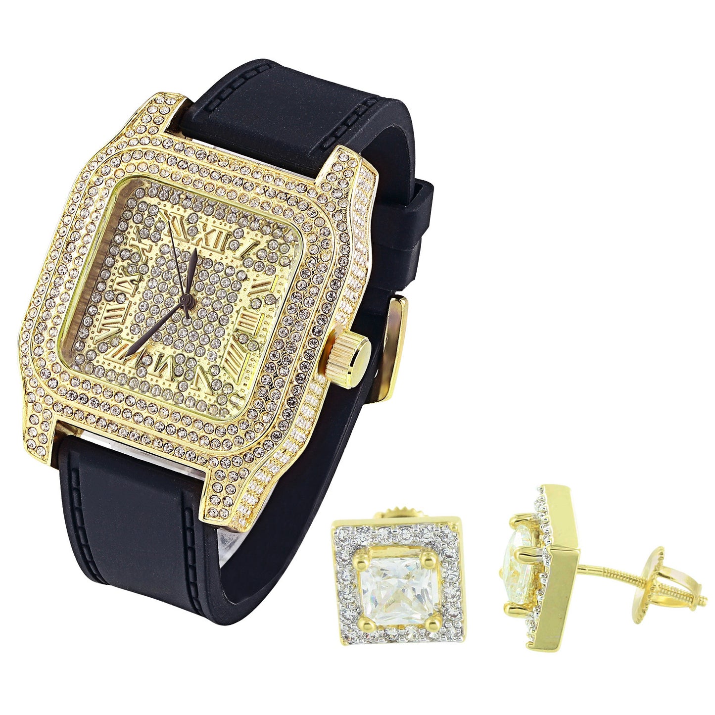 Hip Hop Men's Square Face 14k Yellow Gold Finish Watch with Matching Earrings Combo Set