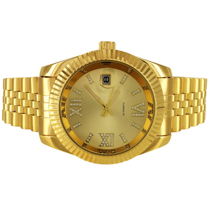 Gold Tone Stainless Steel Roman Icy Dial Date Fluted Bezel Watch