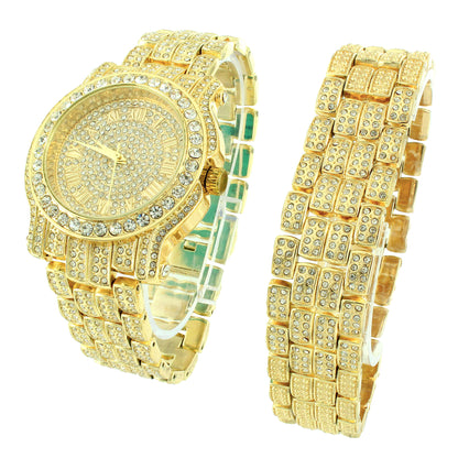 Hip Hop Designer 14k Gold Finish Men's Analog Watch & Bracelet Gift Set