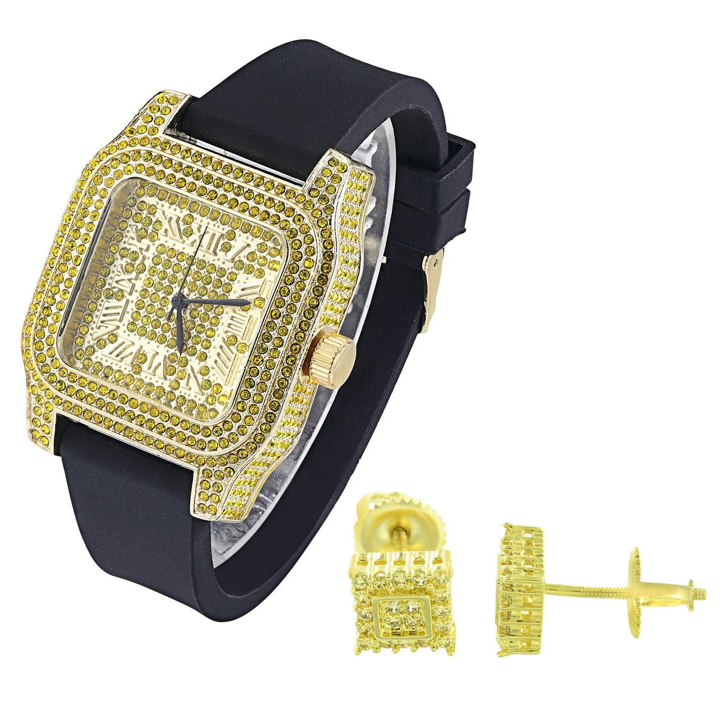 Men's Square Face 14k Yellow Canary Watch with Matching Earrings Combo Set