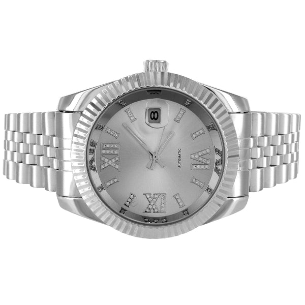 Steel Roman Dial Silver Fluted Automatic Date Watch