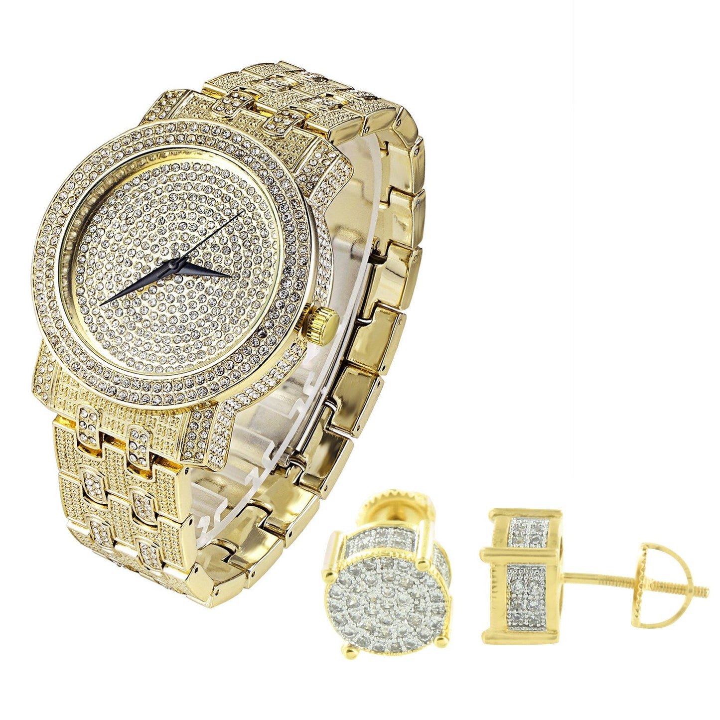 Hip Hop Men's Gold Finish out Watch and Earrings Combo Set