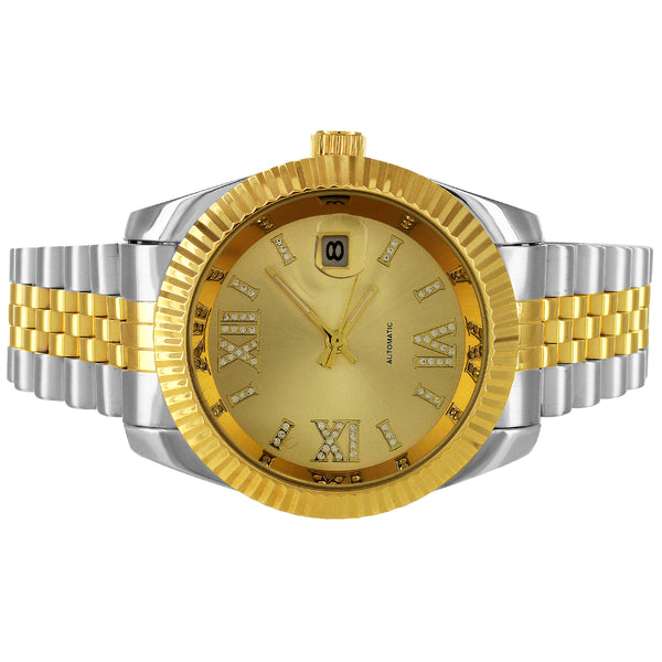Two Tone Roman Dial Gold Icy Face Fluted Bezel Date Watch