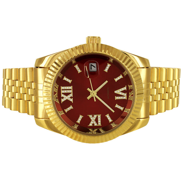 Mens Steel Red Face Roman Dial Automatic Date Watch