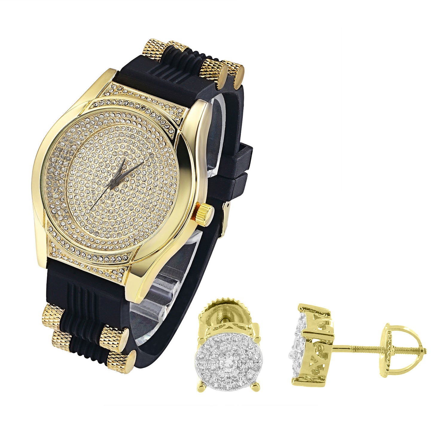 Oval Shape Lab Diamonds  Men's Silicone Strap Watch & Earrings Combo
