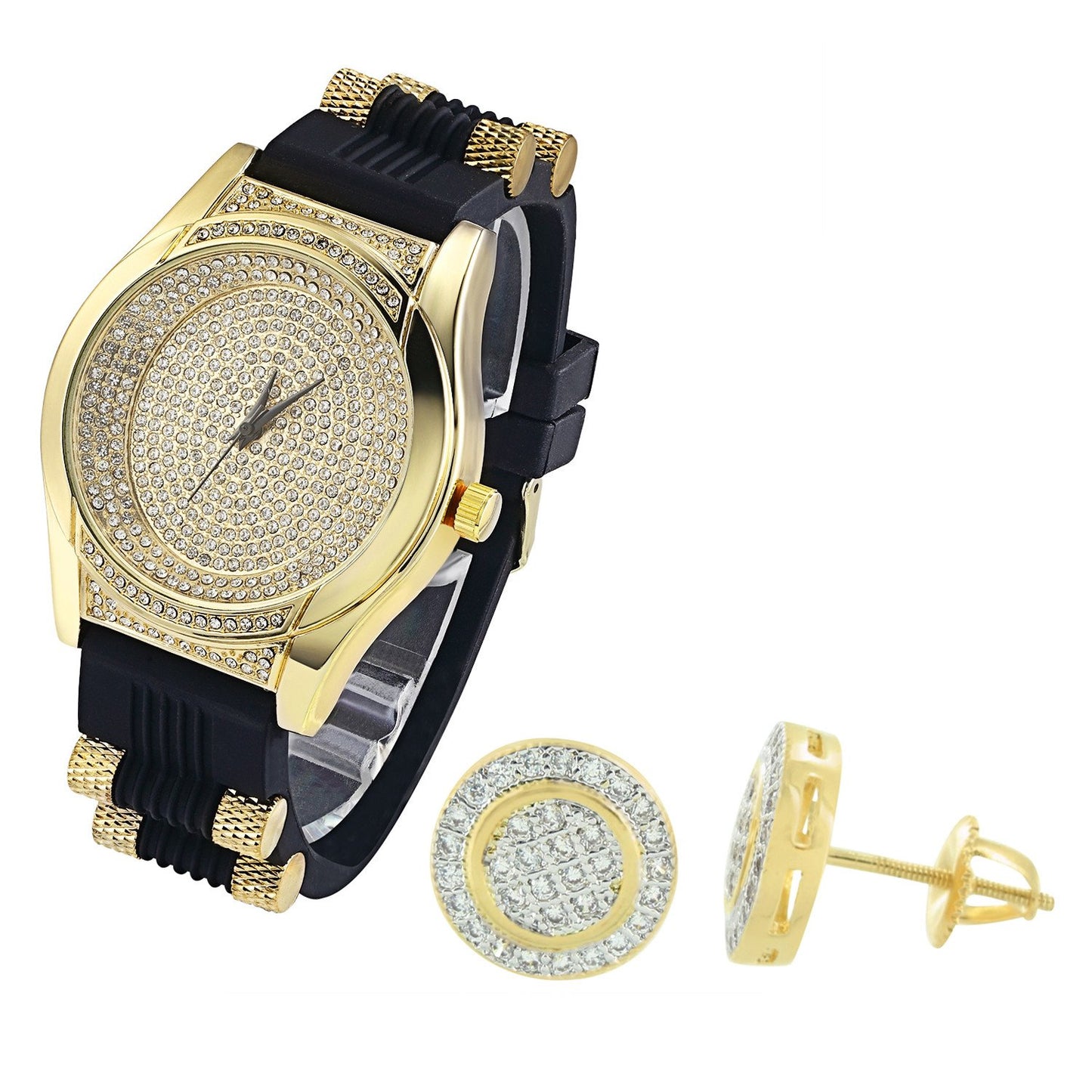 Men's Oval Shape Lab Diamonds  Silicone Strap Watch & Earrings Combo Set