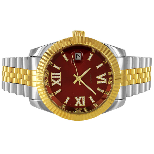 Red Face Roman Dial Fluted Bezel Two Tone Gold Automatic Watch