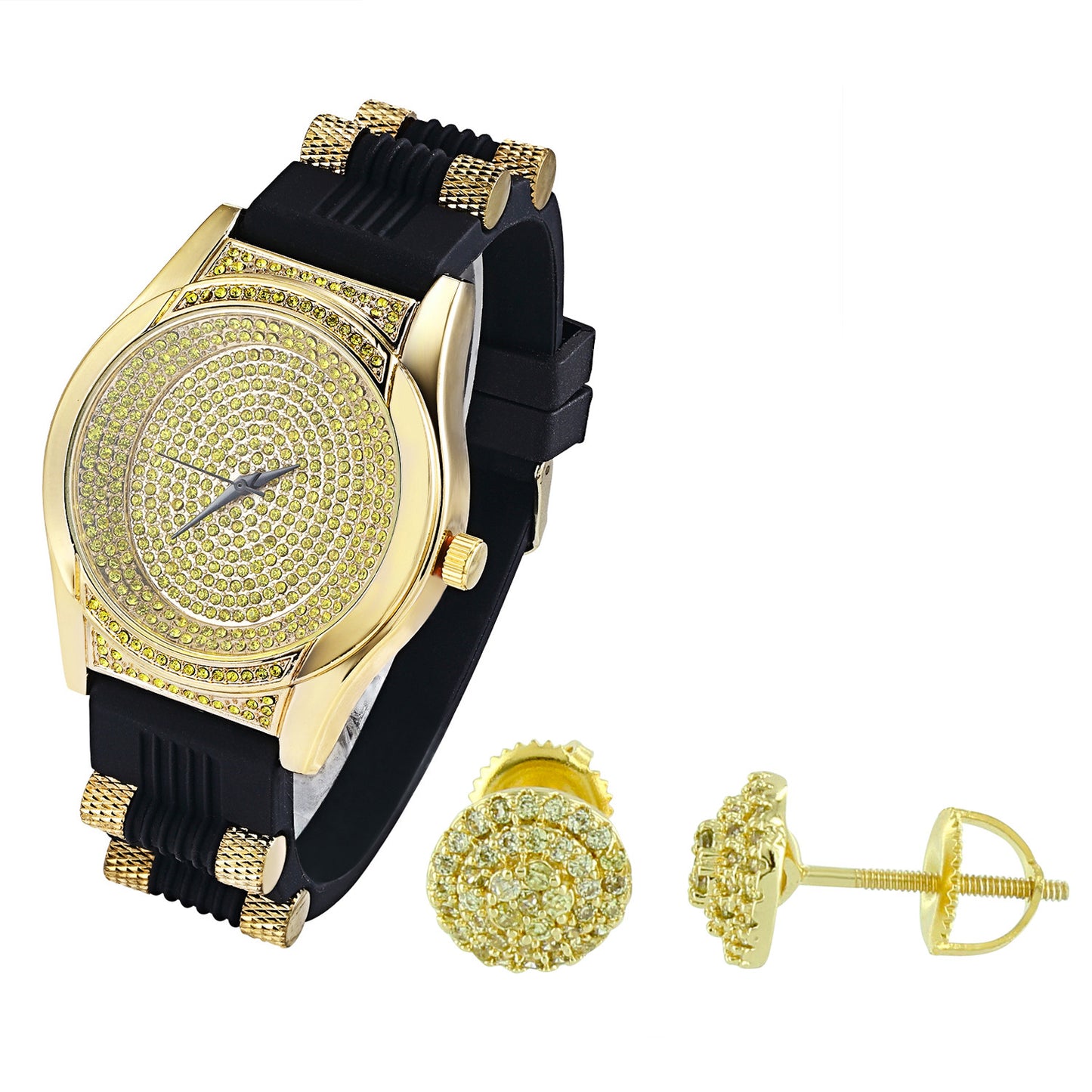 Men's Oval Shape Canary  Watch with Silicone Bullet Band & Earrings Combo Set