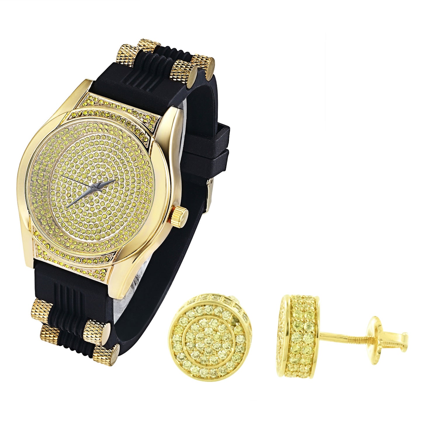 Oval Shape Canary  Watch with Silicone Bullet Band & Earrings Combo Set