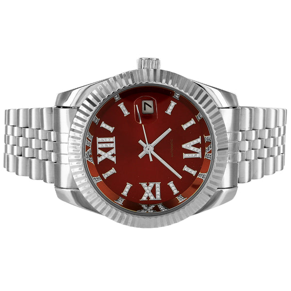 Steel Automatic Movement Red Face Roman Dial Watch