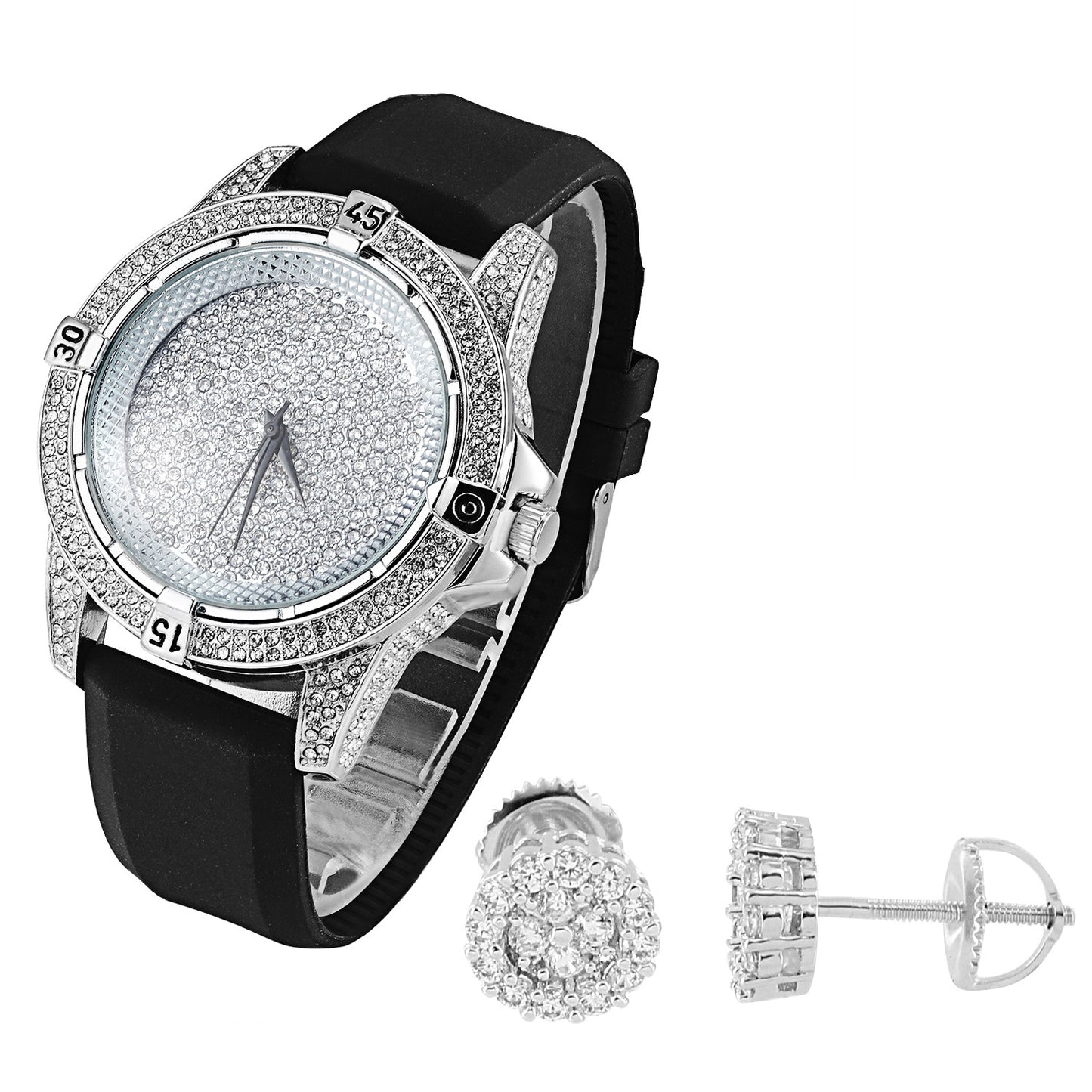 Hip Hop  Techno Pave Men's White Gold Tone Watch Silicone strap & Earrings Combo