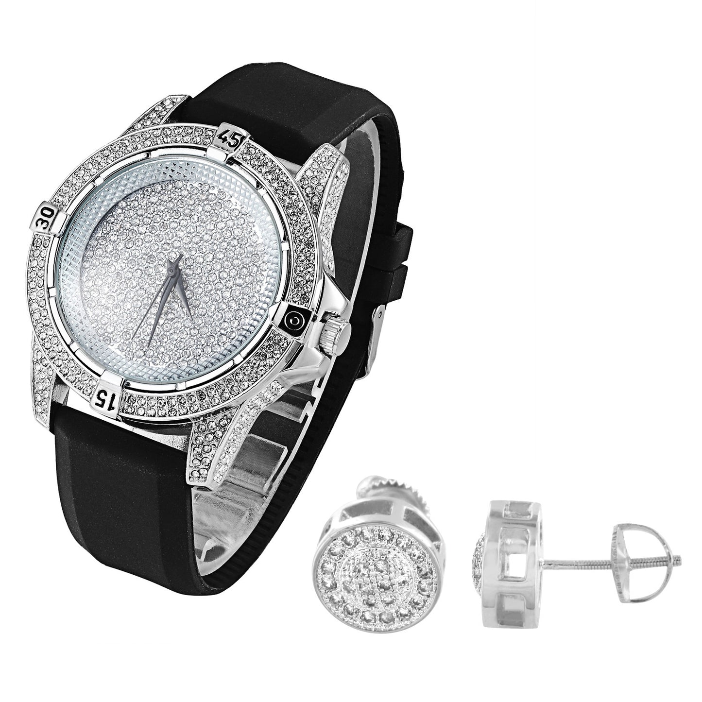 Techno Pave Men's White Gold Tone Watch With Matching Earrings Combo