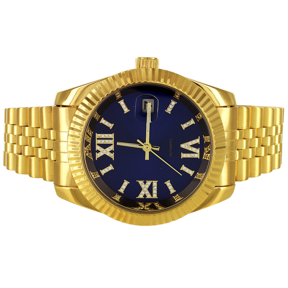 Gold Tone Steel Royal Blue Roman Dial Automatic Watch