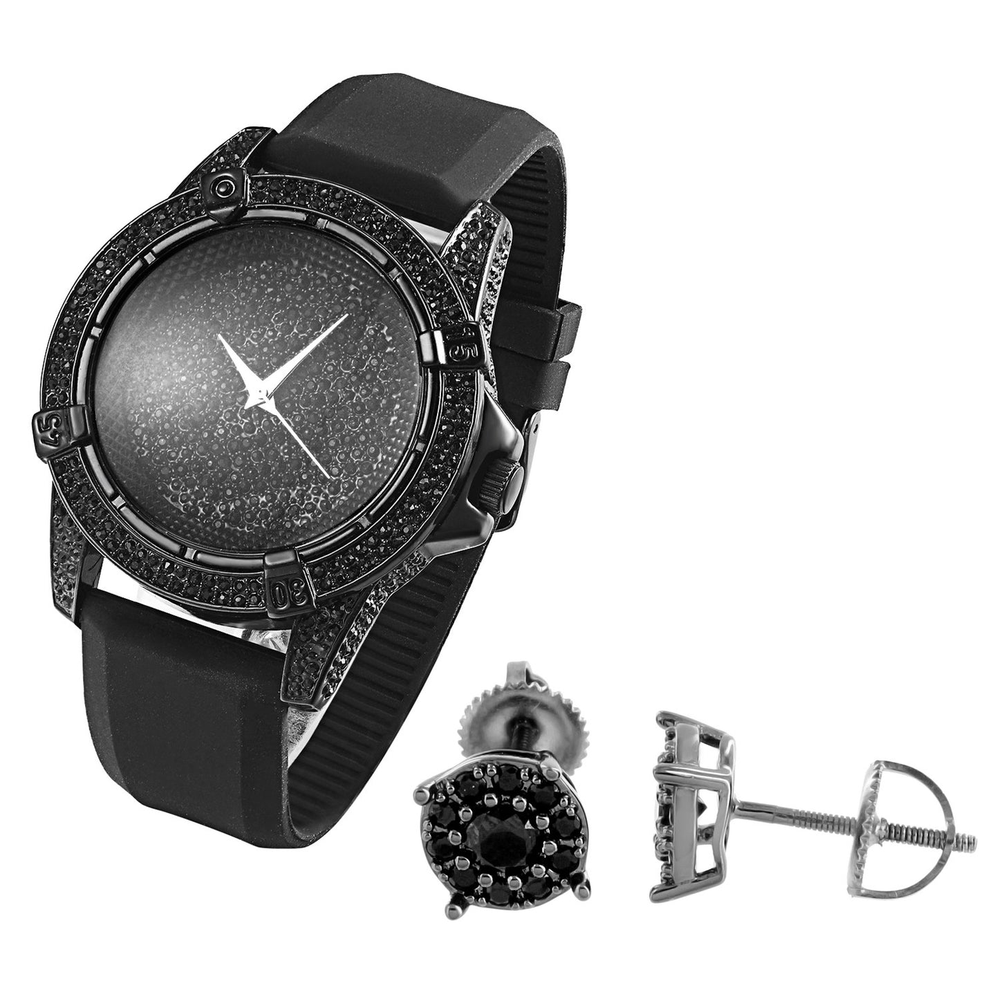 Men's  Techno Pave Black Gold Tone Watch with Matching Earrings Combo