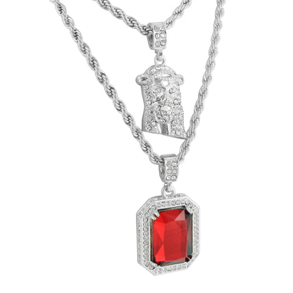 Jesus And Ruby Pendant 14K White Gold Finish Free Rope Chain