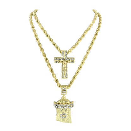 Cross Jesus Crucifix Pendant Rope Necklace Lab Diamond Charm Set