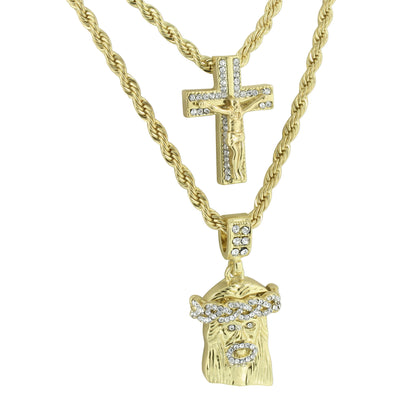 Cross Jesus Crucifix Pendant Rope Necklace Lab Diamond Charm Set
