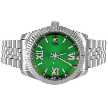 Steel Icy Roman Green Dial Fluted Bezel Date Watch
