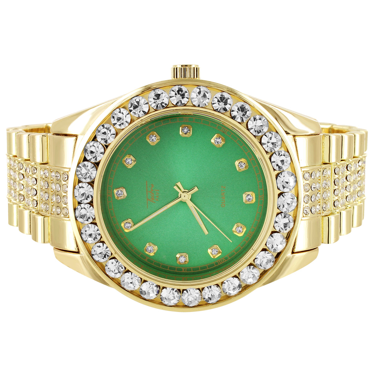 Men's Solitaire Gold Finish Green Face Presidential Look Watch