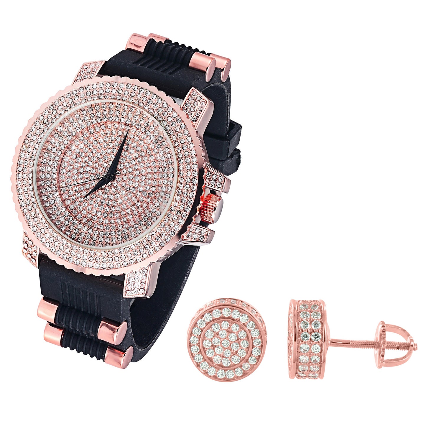 Men's Rose Gold Finish  Dial Watch Silicone Strap & Matching Earrings Combo