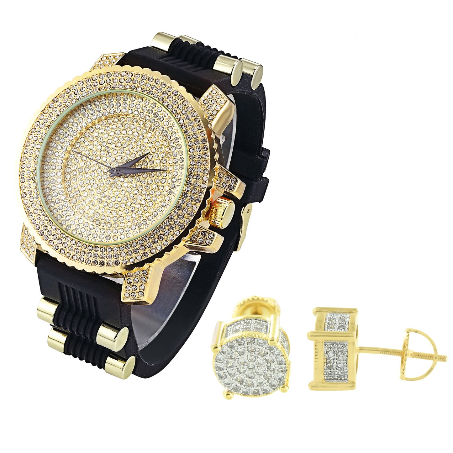 Hip Hop  Yellow Gold Finish Dial Watch Bullet Silicone Strap & Prong Earrings Combo
