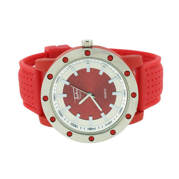 Watch Red Rubber Band Strap Techno Pave White Red Dial