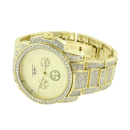 Mens Gold Finish Watch  Gold Dial 3 Timezone Look Simulated Diamonds New
