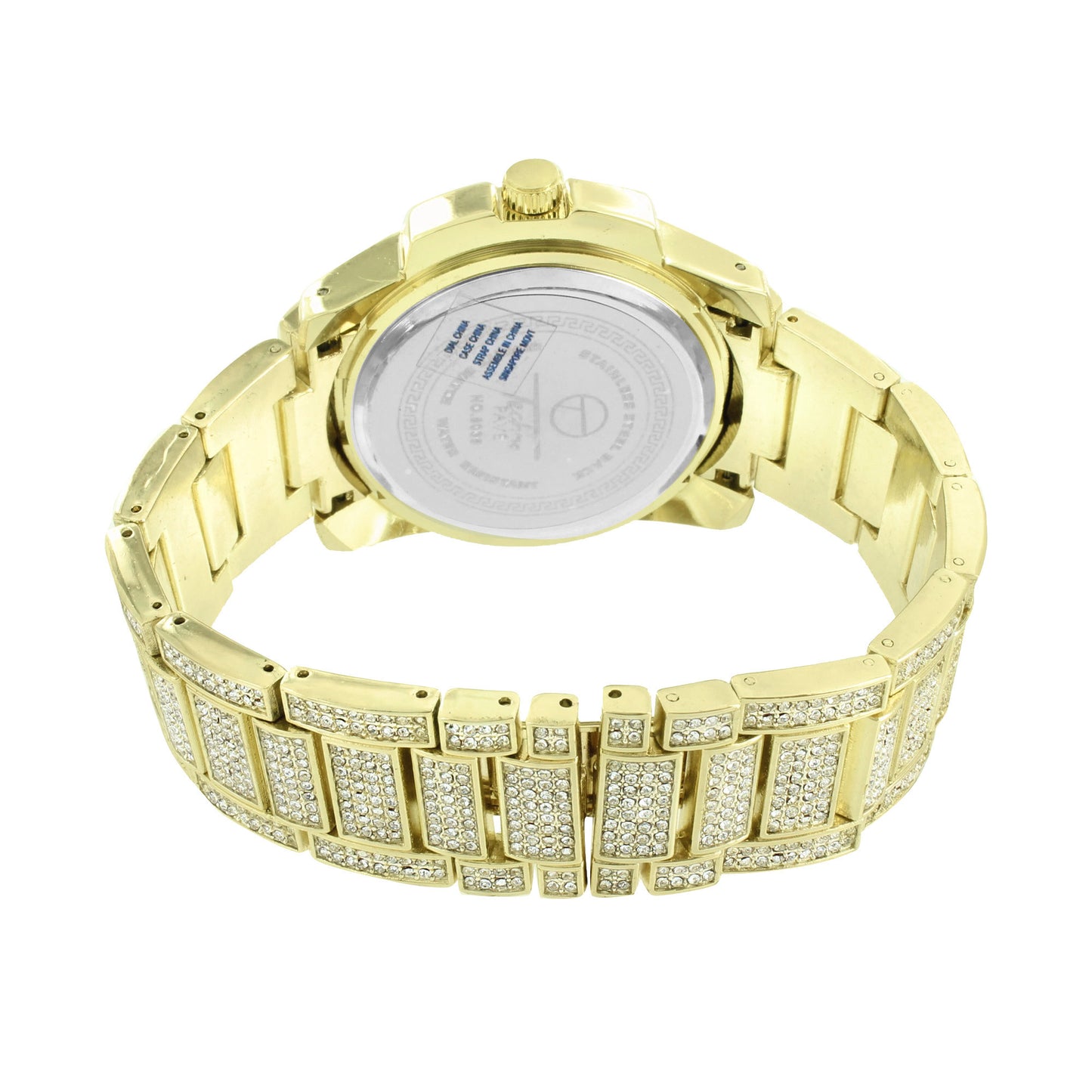 Mens Gold Finish Watch  Gold Dial 3 Timezone Look Simulated Diamonds New