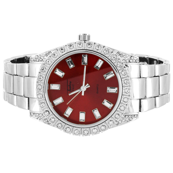 Mens Silver Tone Red Face Baguette Dial Icy Bezel Watch