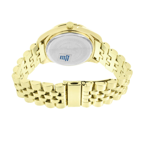 Mens Gold Finish Watch Jubilee Design Bracelet Fluted Bezel Design CZ Hour Dial