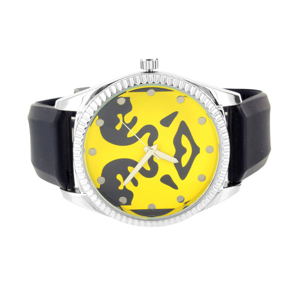 Yellow Dial Face Design White Finish Techno Pave Rubber Band Watch