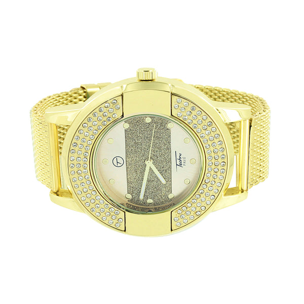 Techno Pave Mens Watch Gold Tone Dial