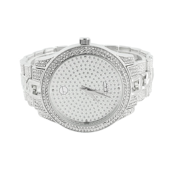 White Watch Round Classy Techno Pave Lab Simulated Stones