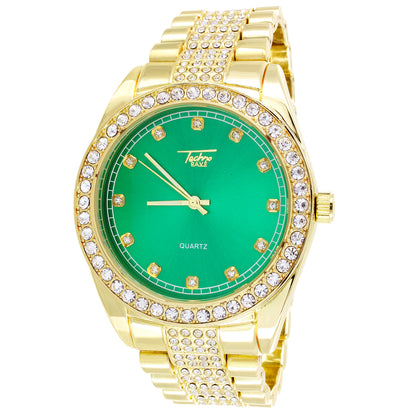 Mens Stainless Steel Back Green Dial Bling Techno Pave Watch