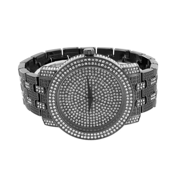Simulated Diamond Custom Watch Black Finish Bling Stainless Steel Back Classy